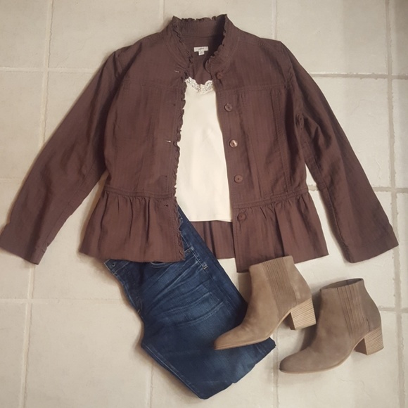 j jill Jackets & Blazers - J JILL BROWN BUTTON FRONT PEPLUM RUFFLED JACKET